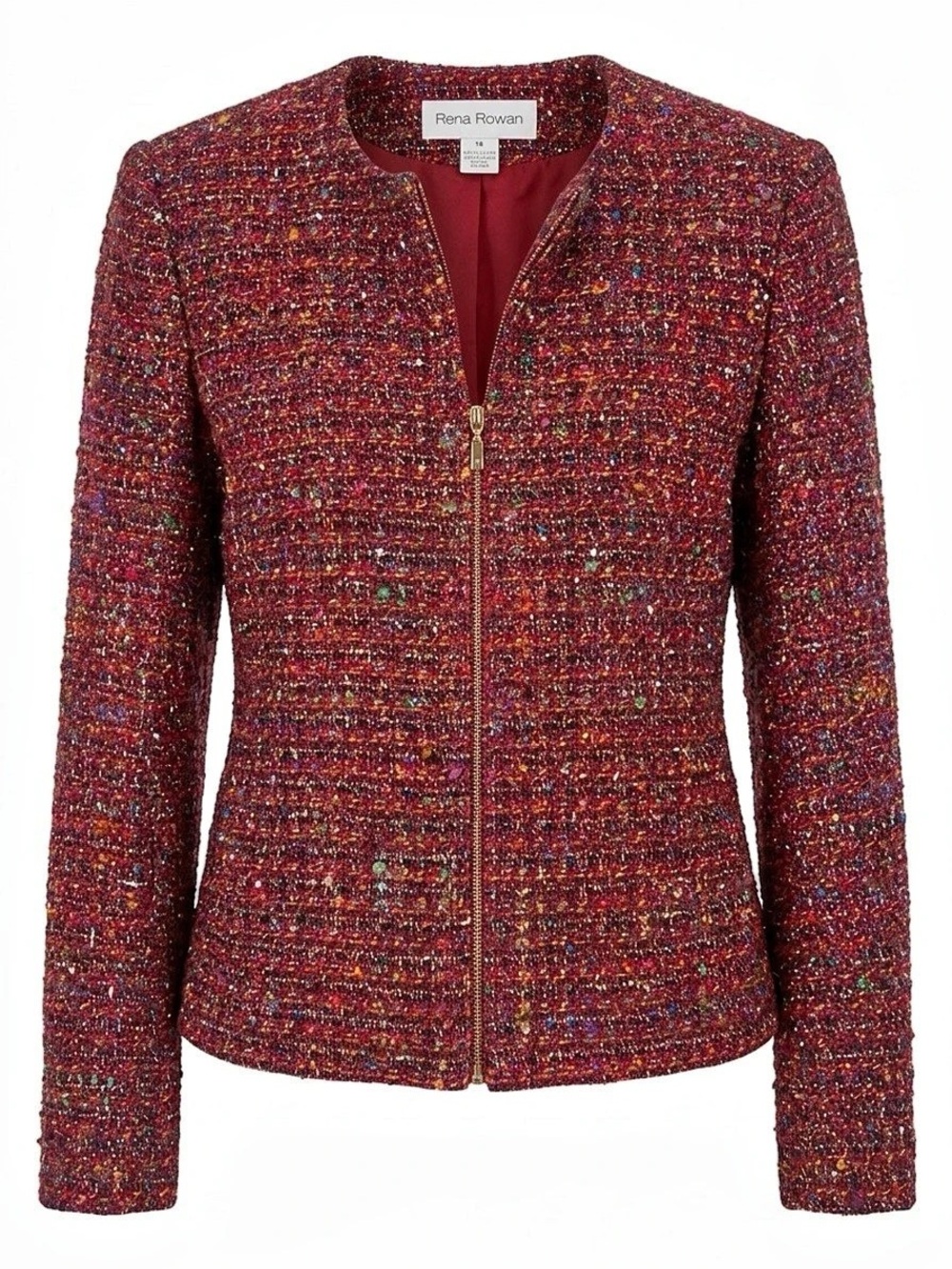 Rena Rowan Tweed Zip Jacket in Red Multicolor Size 14 Like New
